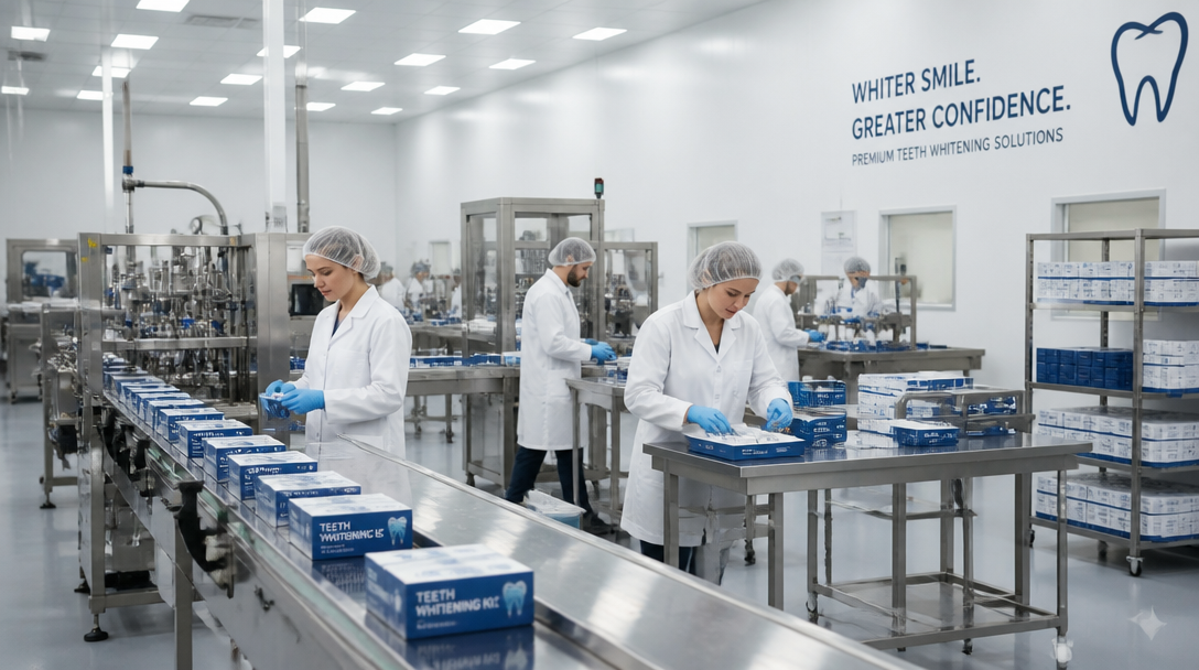Weitwinkelaufnahme einer sauberen Produktionshalle für Zahnaufhellung in weichem weißem Licht
