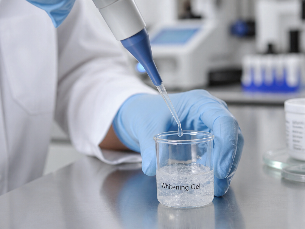 Nahaufnahme einer Laborantenhand mit Präzisionspipette über einem kleinen klaren Glasbecher mit Bleaching-Gel