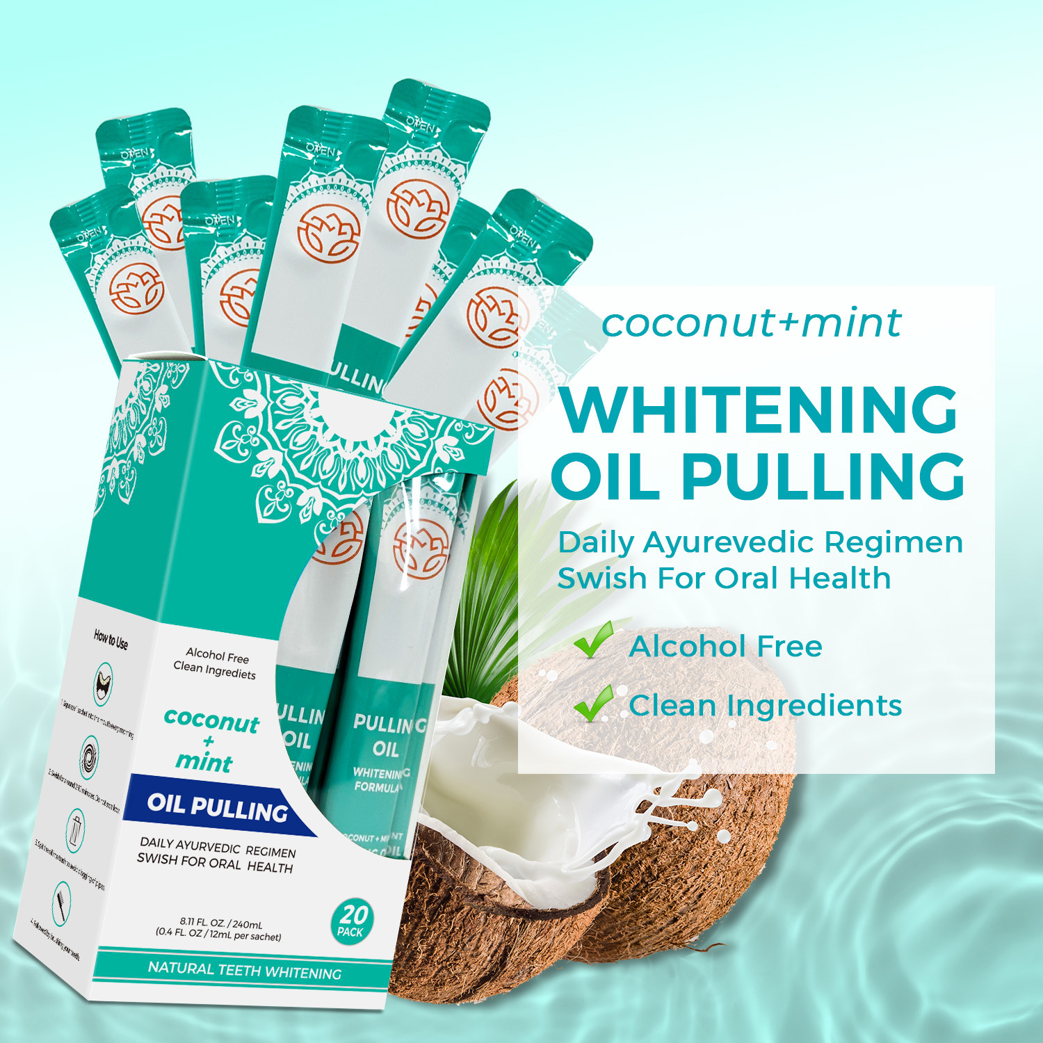 Coconut Oil Pulling Sachets with 7 Essential Oils – 20-Day Supply