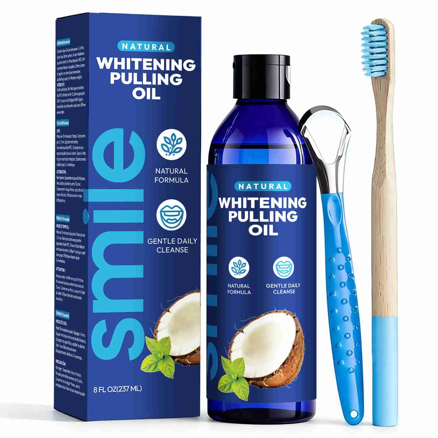 Coconut Oil Pulling Ritual Kit with Bamboo Brush and Tongue Scraper
